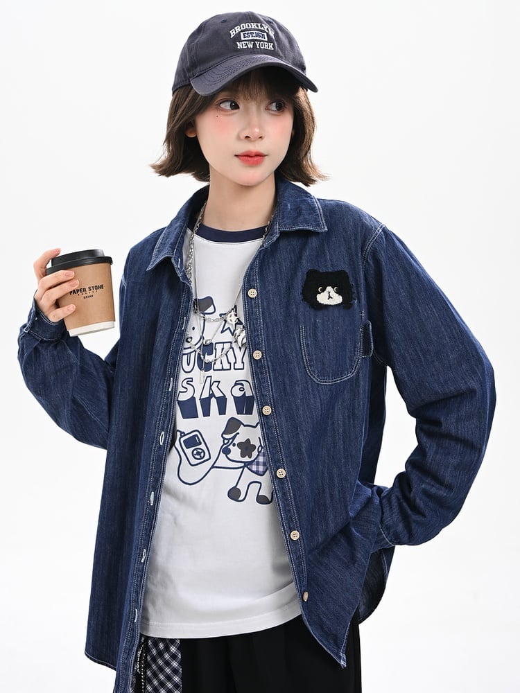 Top White/Blue Colorblock Design Adorable Puppy Print Loose