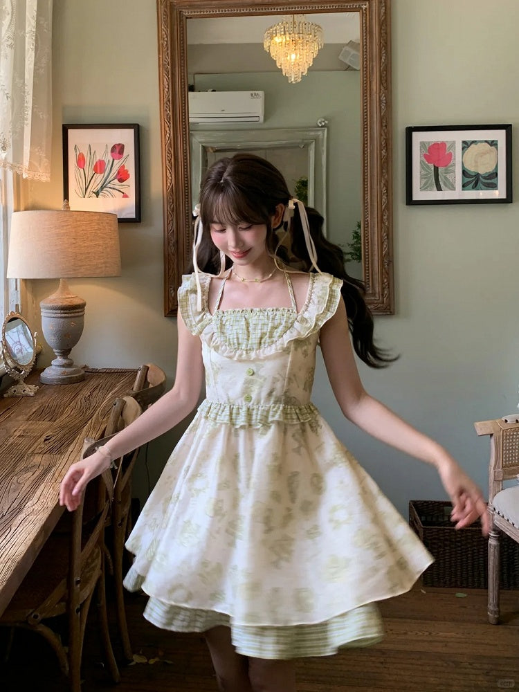 Kei Green Plaid Flutter Sleeves Halter Dress Light Cartoon Print Mori
