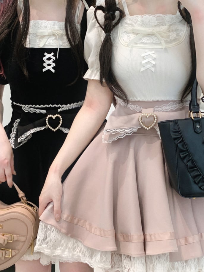 Jirai Kei Lace Bow Big Back Skirt Black/Light Trim Beaded Heart Decorated Blue Lace-up