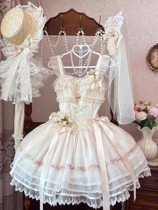 Beige Sleeves Bowknots Decoration Ribbon Lolita Dress JSK Flutter Sweet Boned Waist Balletcore
