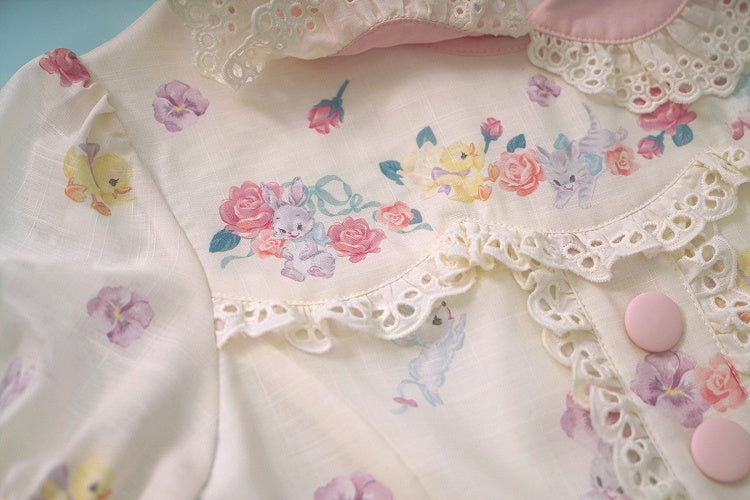 Lolita Scalloped Eyelet Kitty Short Dress with Sleeves Print Creamy Sweet Trims