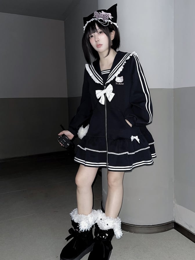 Embroidery Zip Kitty Jirai Kei Collar Dress Black Landmine Style Sailor Closure
