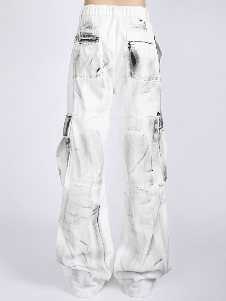 Vintage White Splatter Tie-Dye Loose Fit Cargo Jeans with Drawstring Waist