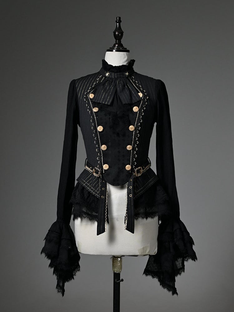 Black Ruffle Neckline Long Cuffs Sleeves Jabot Cadcading