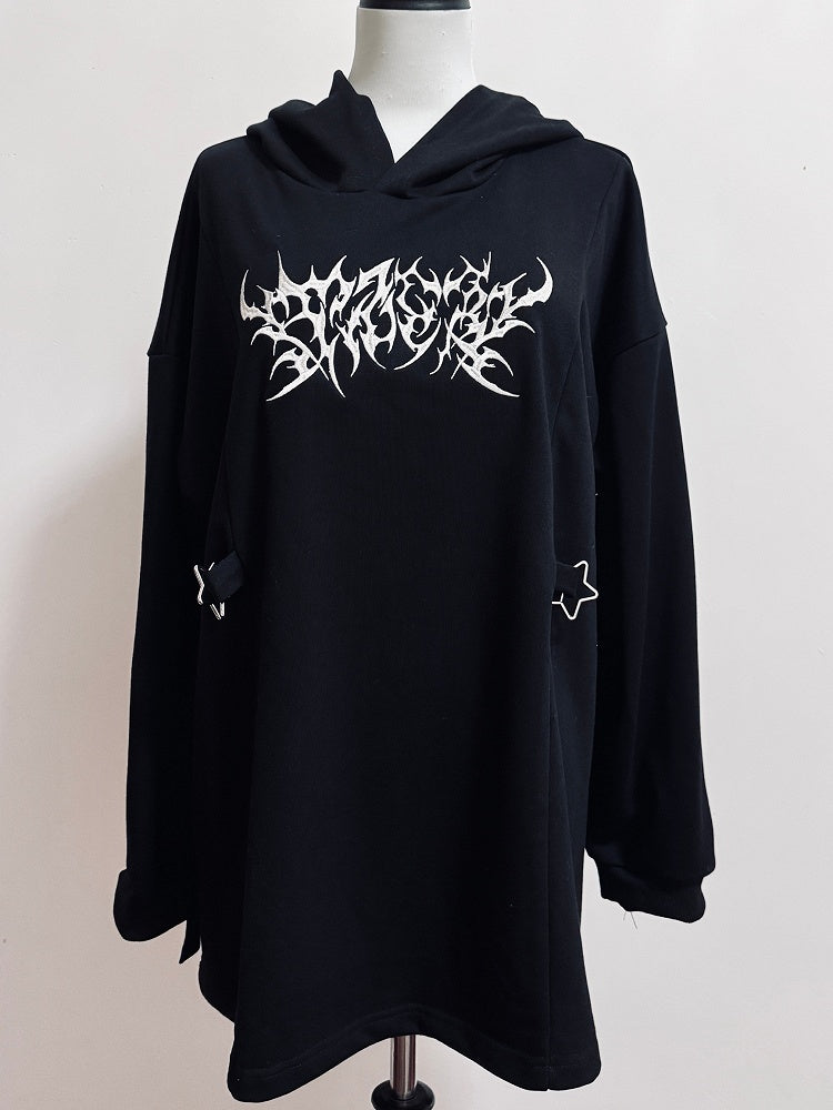 Buckle Jirai Decorated Black Hoodie Embroidery Details Kei
