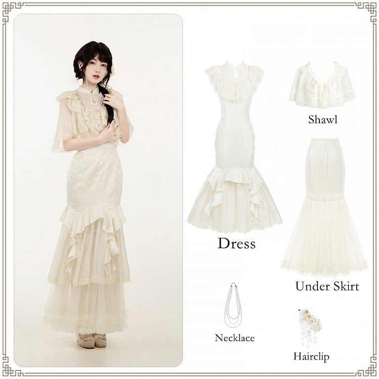 Set Lolita Qi Mermaid Butterfly Qipao Full Illusion Neckline Jacquard Collar Dress
