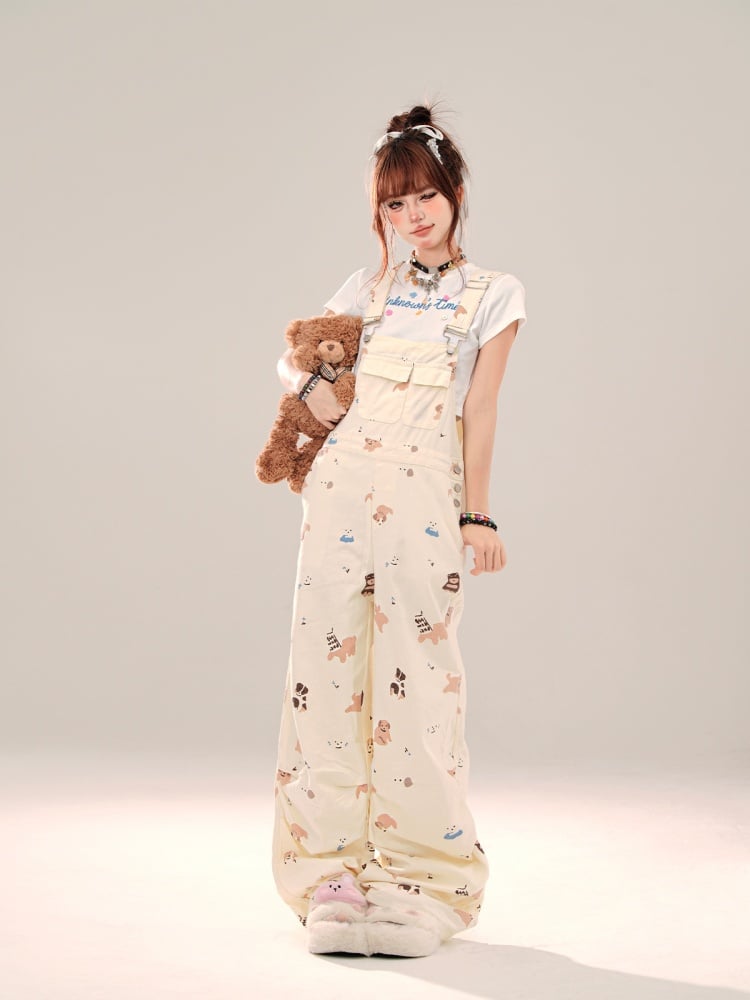 Beige Puppy Print Wide-leg Cut Overall Pants