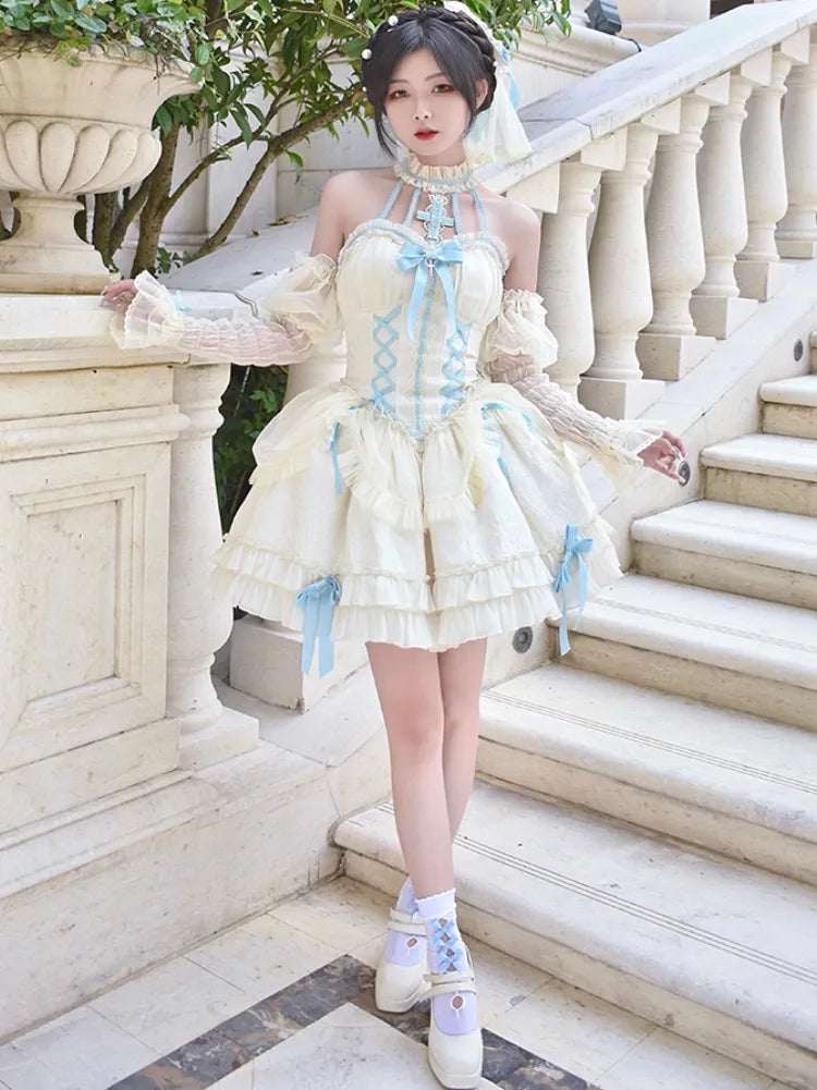 Cross Belle Beige and Blue Halter Neck Corset Dress Balletcore Lolita JSK