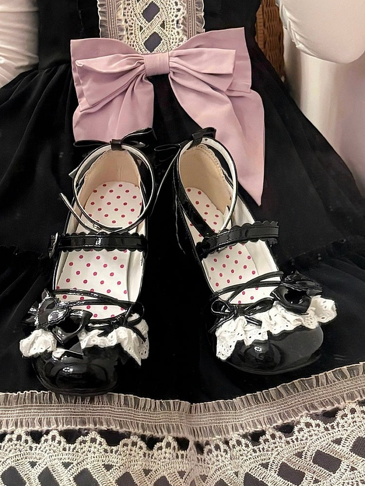 Jane Lace-Trim Polished Lolita with Heel Buckles Mid Bow Mary Sweet Heels Black Top - Heart