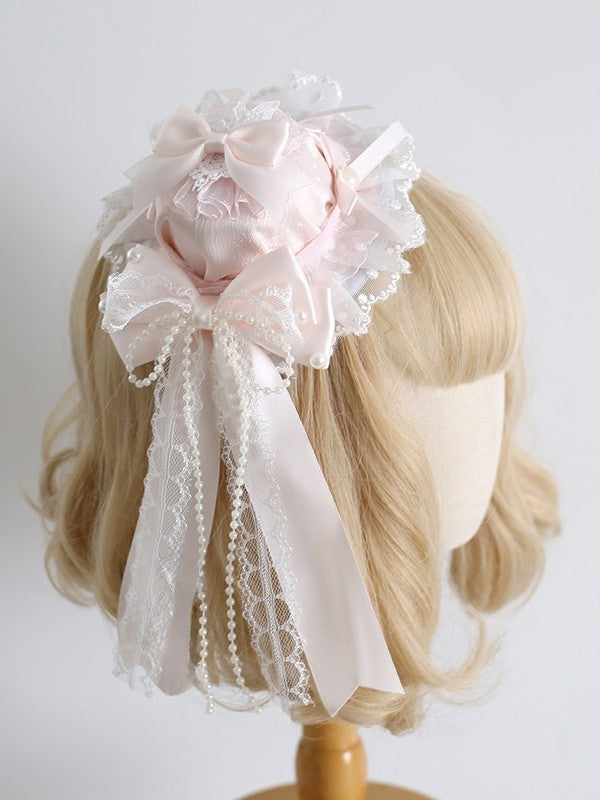 Lolita mit süß verzierter Schleife, Perlendetails, Hutbesatz, rosa, Mini-Clips, Spitze, orange