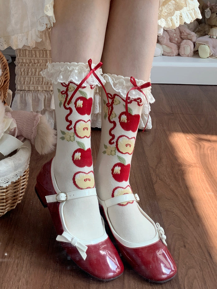 Lolita Calf Trim Sweet Socks Print Lace Apple Green/Red