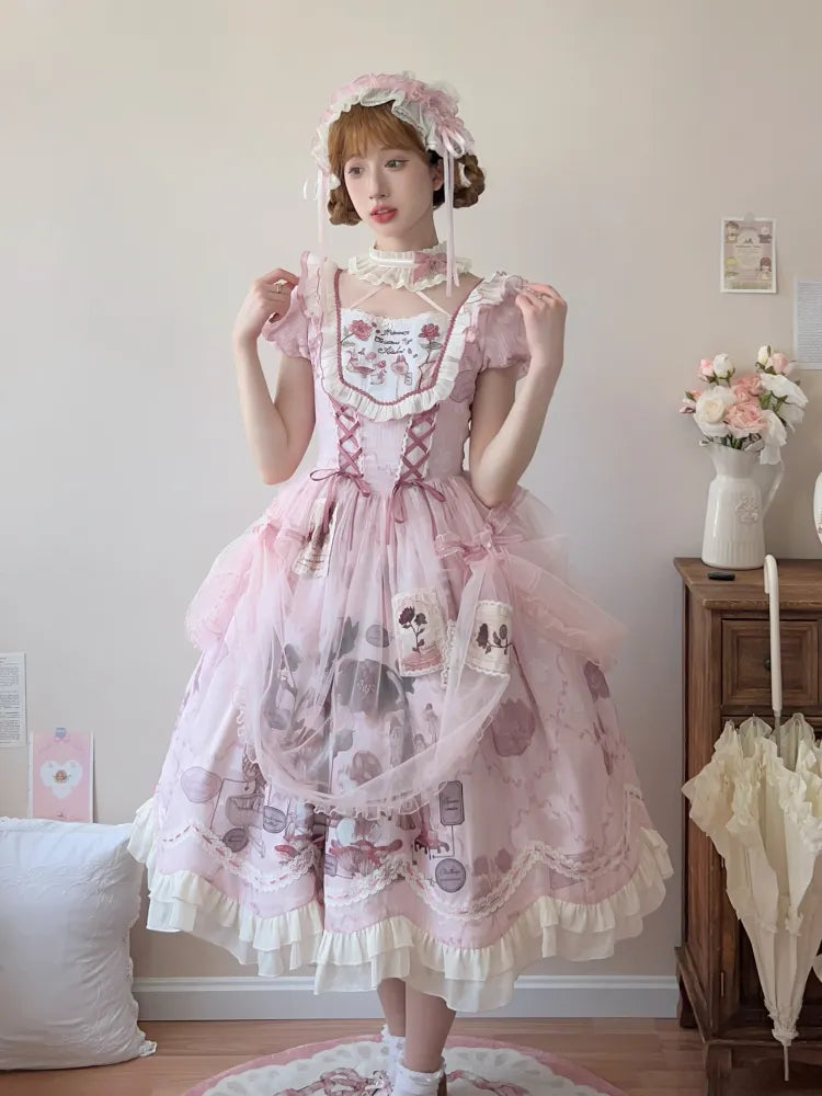 Waist Scalloped Pink Trim Bunny Edge Princess Dress Skirt Lolita Print Ruffle Basque