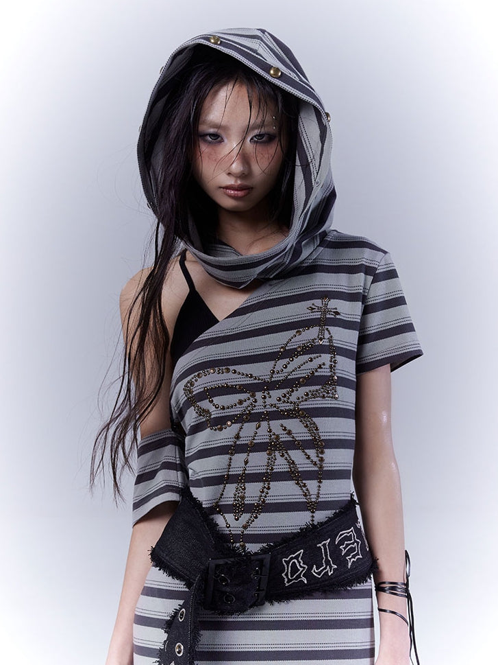 Cutout Wasteland Punk Hooded Buckle Gray Green Striped Dress and with Belt Shoulder