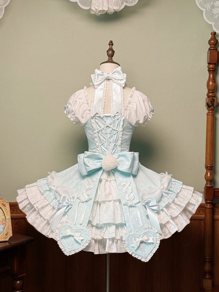 Gepunktetes blaues Lolita-Kleid mit altem Neckholder und Schulärmeln, vielseitiges Polka-Kleid mit Puffärmeln