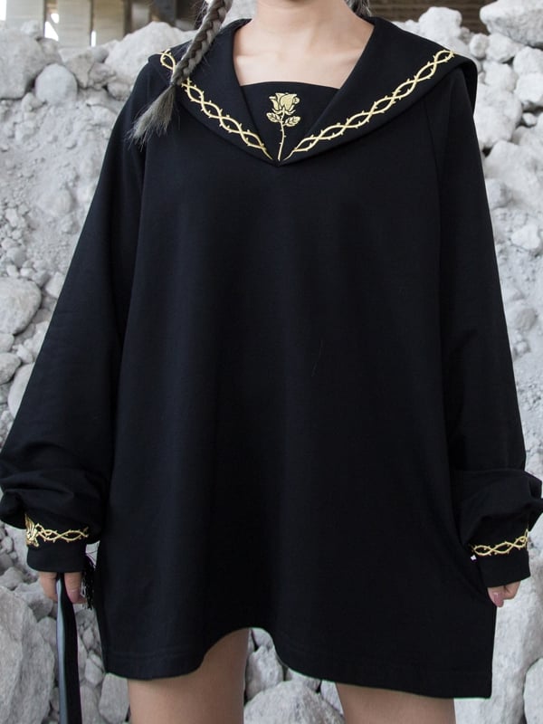 Goldschwarze Rose und Gothic Sailor Thorn Loose mit Kragenstickerei Sweatshirt