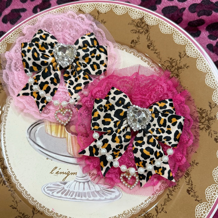Rhinestone Trim Charm Leopard Lace Beaded Red Heart Decorated Pattern Pink/Rose Hairclip Bowknot