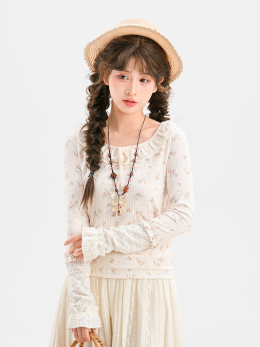 Beige Self-tie Bow Ruffled Lace Collar Slim-fitting Floral Top