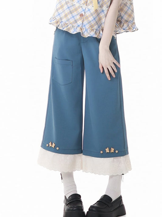 Blue Butterfly Buttons Lace Trim Cottagecore Wide-Leg Pants