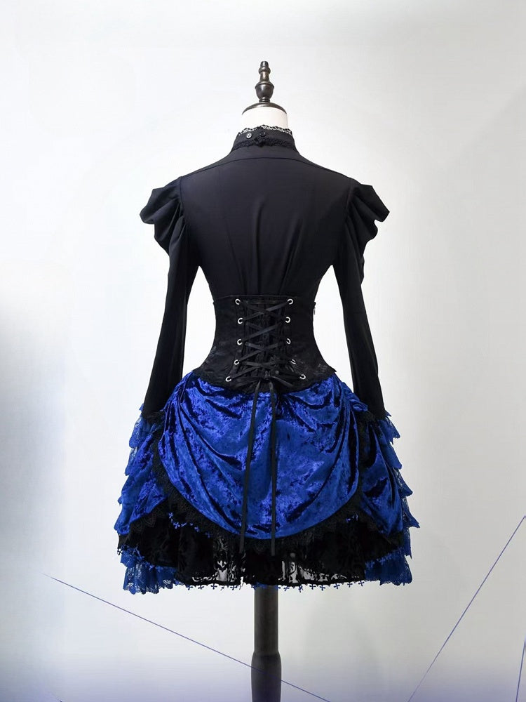 Boned Lolita Waist Tie Shirt Skirt Set Hat Black Gothic Jabot Long Sleeves High + - and Mini Blue Bell Klein Full