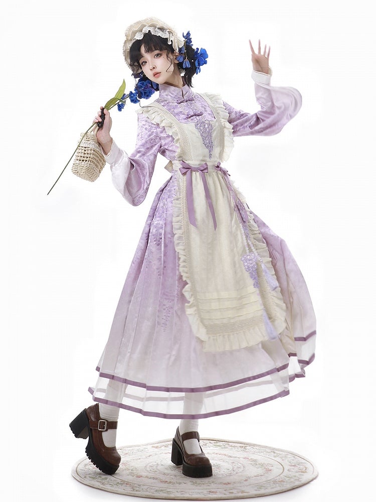 Beige Print Charm Kleid Quaste Lolita Han Schürze Floral Wisteria Lila + Perlen mit