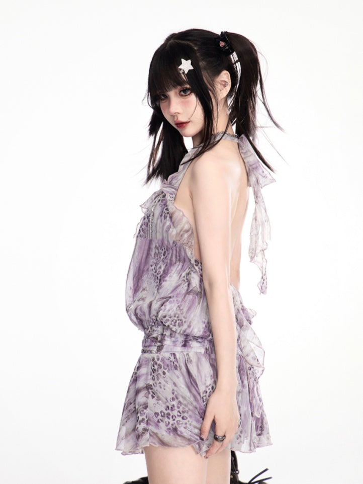 Lavendelfarbenes Leopardenmuster Gyaru Fashion Neckholder-Kleid aus Chiffon mit kaskadierenden Rüschen und rückenfreiem Schnitt