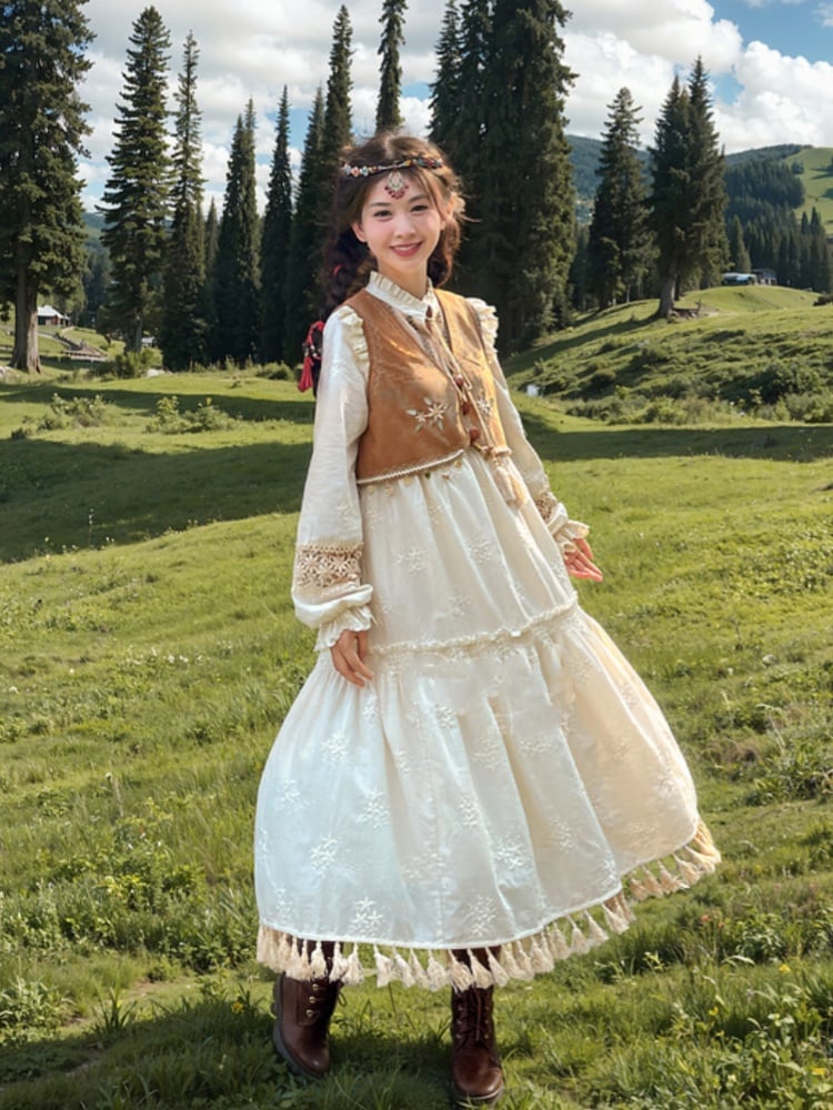 Beige Tassel Hem Dress Long/Regular Version