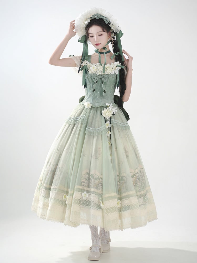 Decoration Set Jasmine Print Top Green Skirt Lolita Corset Classic Long Floral +