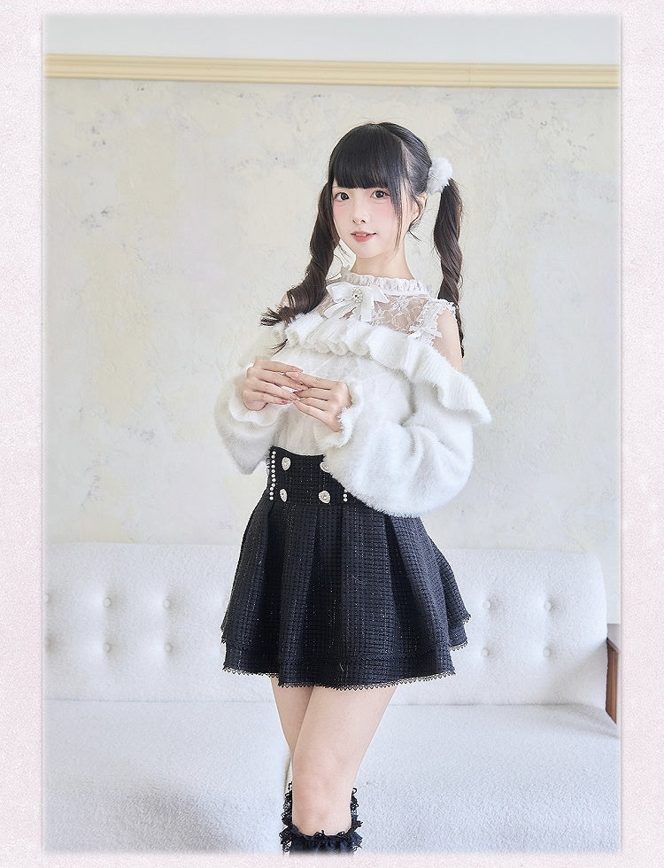 Ruffle Trim White Jirai Kai Contrast Lace Patches Sweater Cutout Shoulder Bowknots