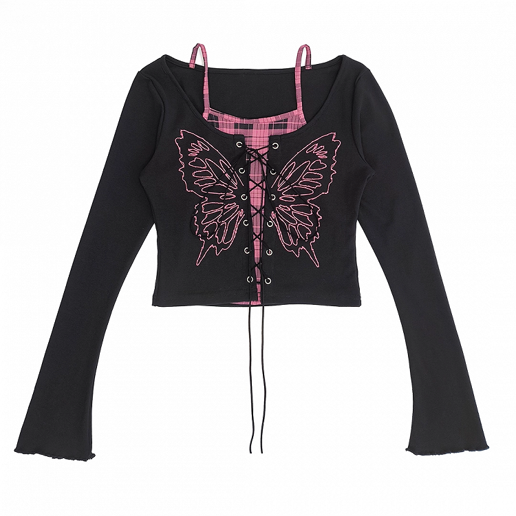 Top Faux Y2K Lace-up Front Butterfly Print Black Pink Plaid Two-pieces and