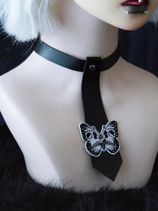 Choker Studs Decorated Gothic Applique Tie PU Black Butterfly