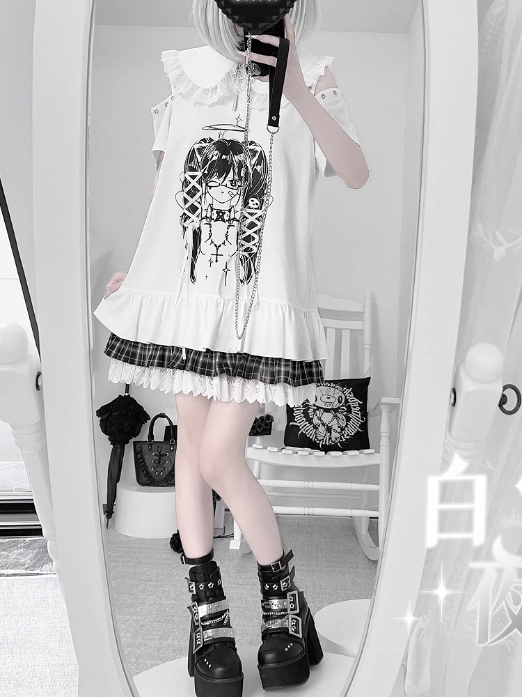 Anime Girl Print Peter Pan Collar Lace-up Details Dress Bittersweet White
