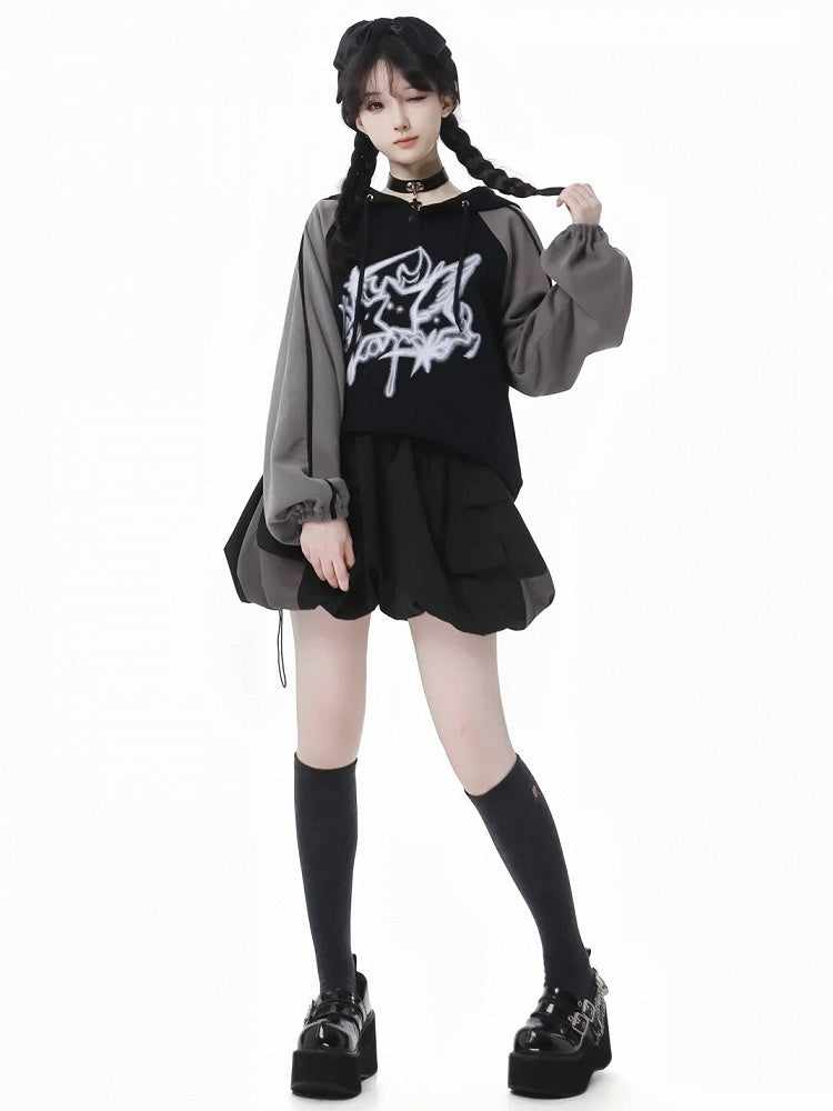 Hoodie Print Gray Colorblock Design and Star Loose Black
