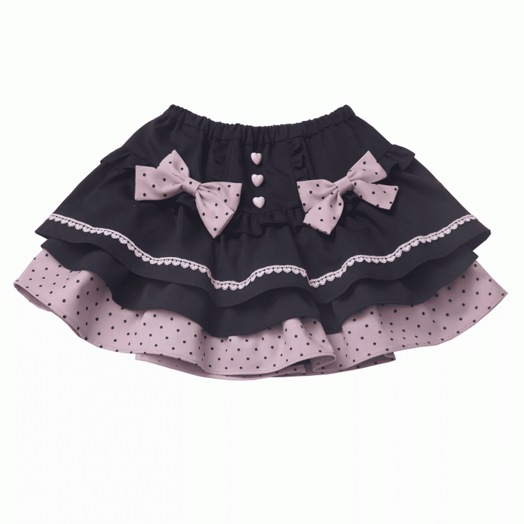 Tiered Skirt with Detachable Bows Black and Pink Polka-dot Pattern