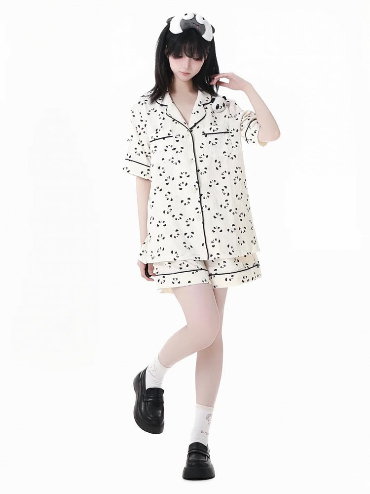 Collar + Allover Panda Print Shirt Shorts Beige Elastic Waist Edge Pajamas Set Scalloped