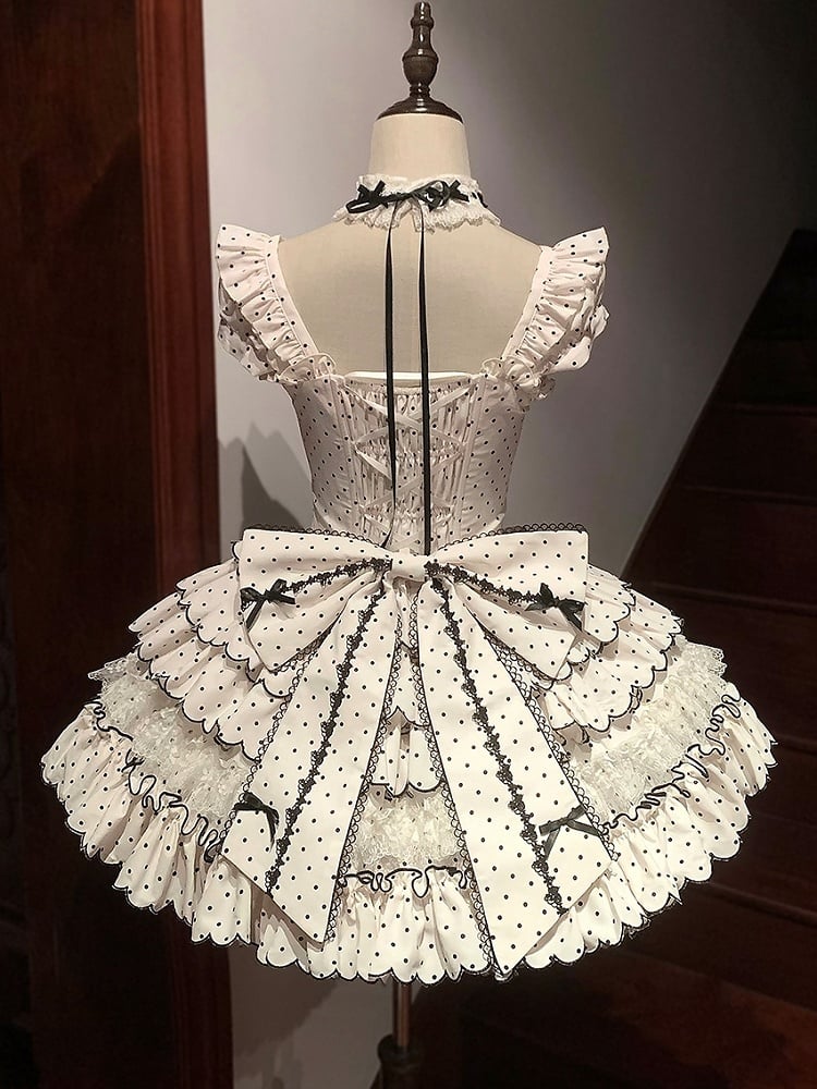 Süßes Lolita-Kleid mit Punkten, vielseitigem OP/JSK-Design und gestuftem Saum, Weiß