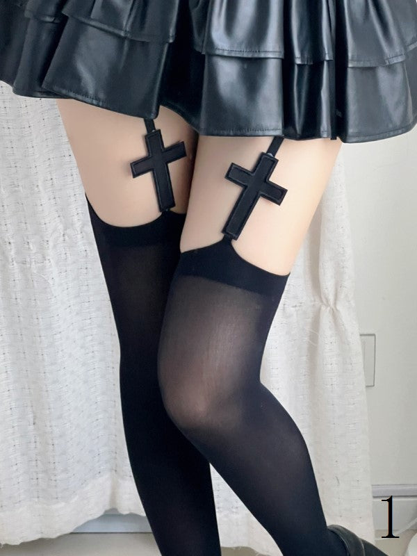 Cross Design Black/White Suspender Gothic Tights