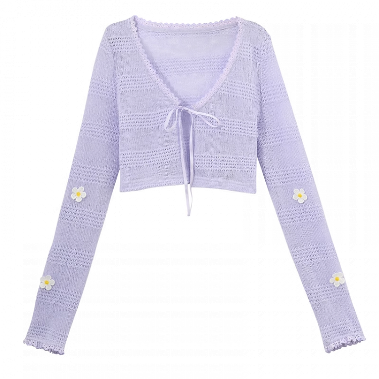 Lavender V-Neck Accents Summer Knit Cardigan Floral