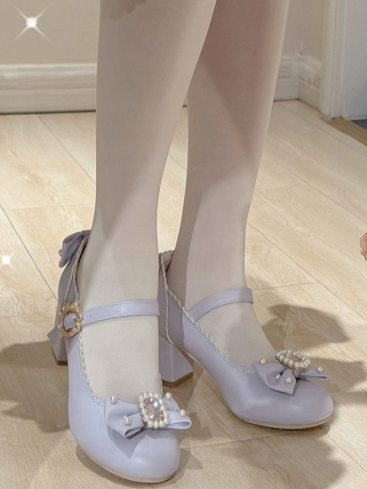 Janes Bowknot Lolita Details Perlen verziert Mary Strass Zehen rund und Schuhe lila
