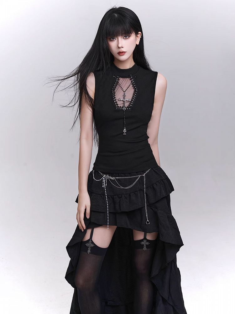 Necklace Tank Top Cross Coffin-Shaped Cutout Black with Studded Free