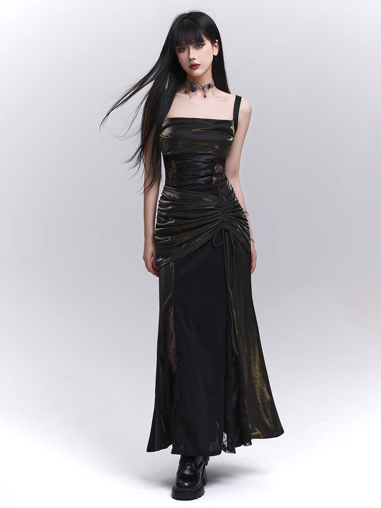Waist Drawstring Black Lace Hip Sleeveless Dress Patches