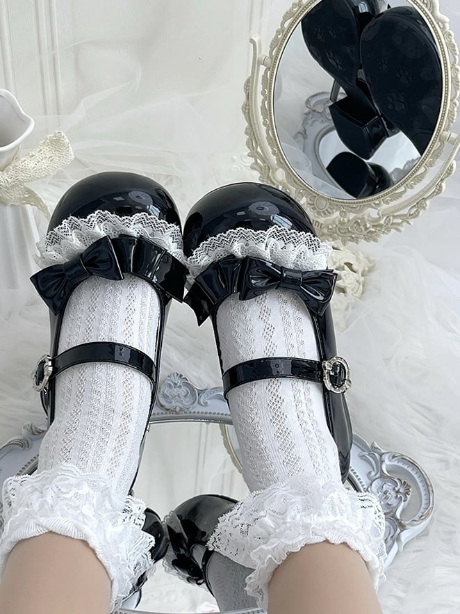 Sweet Heels Low Toe with - Round Lolita Black PU Leather