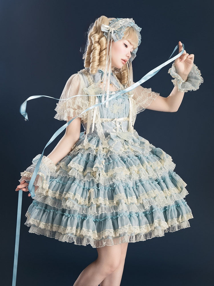 Lace with Lolita Details Embroidery and Tiered Goldfish Dress Sweet Ruffles Blue