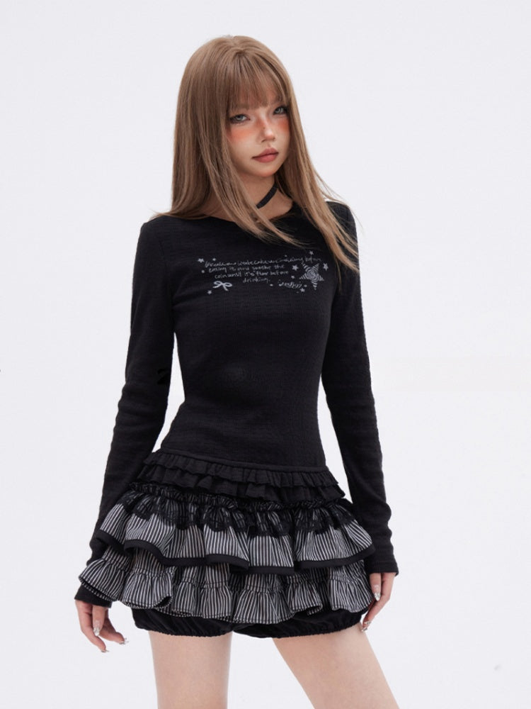 Black Round Neck Tiered Ruffle Trim Slim-fitting Printed Top