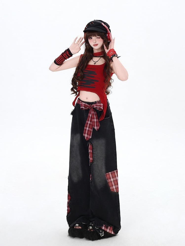 Jeans Wide-leg Street Black High Cut Bowknot Red Plaid