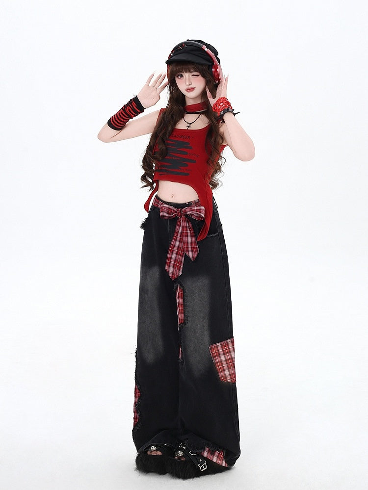 Black Street Wide-leg Bowknot Plaid Jeans High Cut Red