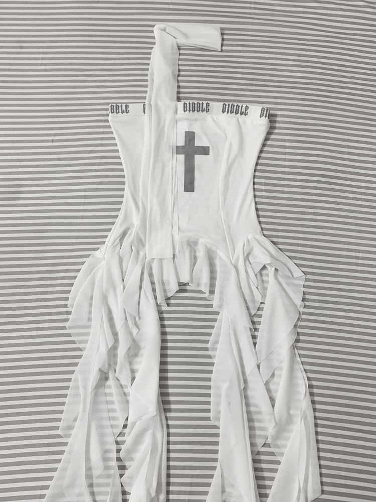 White Cross Print Asymmetrical Flounce Strapless Top Hem Glamorous