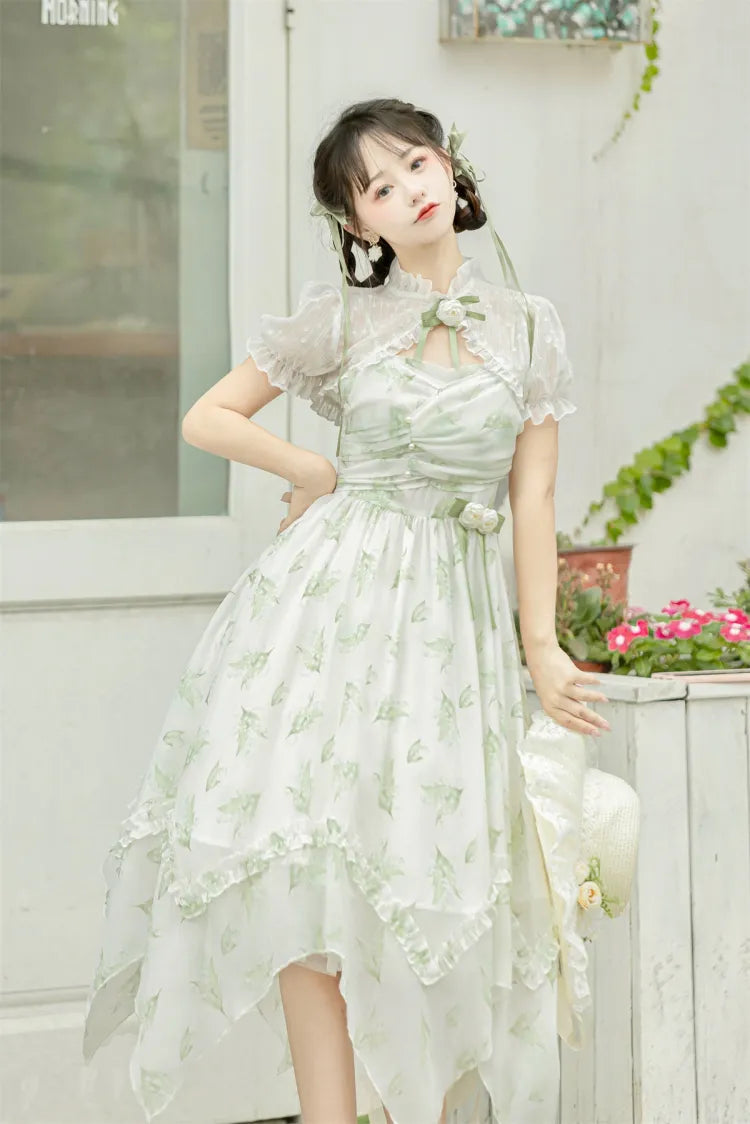 Light Green Lily of the Valley Print Handkerchief Hem Dress + Bolero