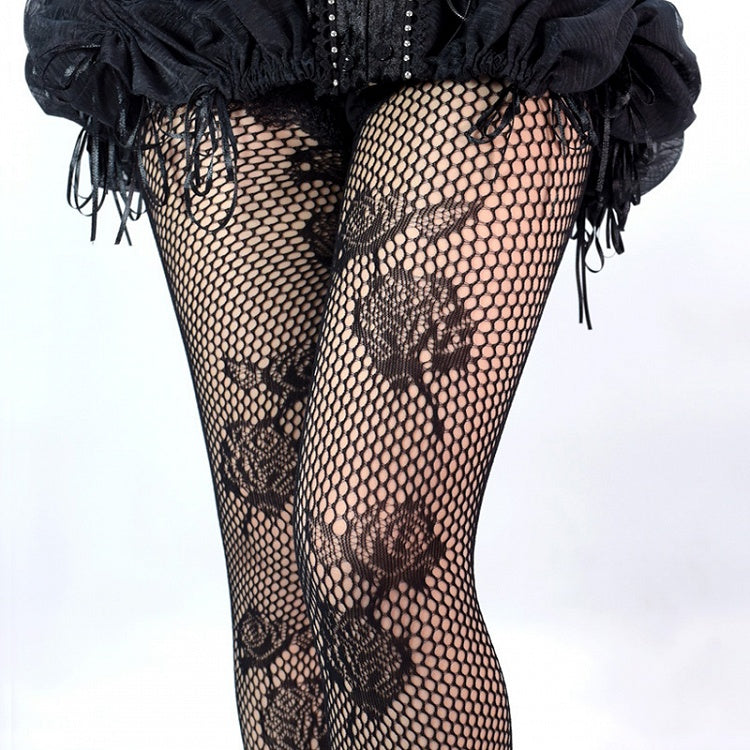 Black Gothic Rosette Floral Pattern Fishnet Tights