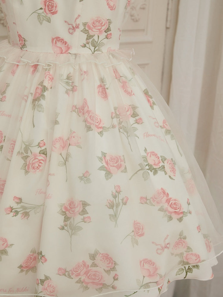 Dress Pink Print Rosette White Illusion Lolita Summer Neckline