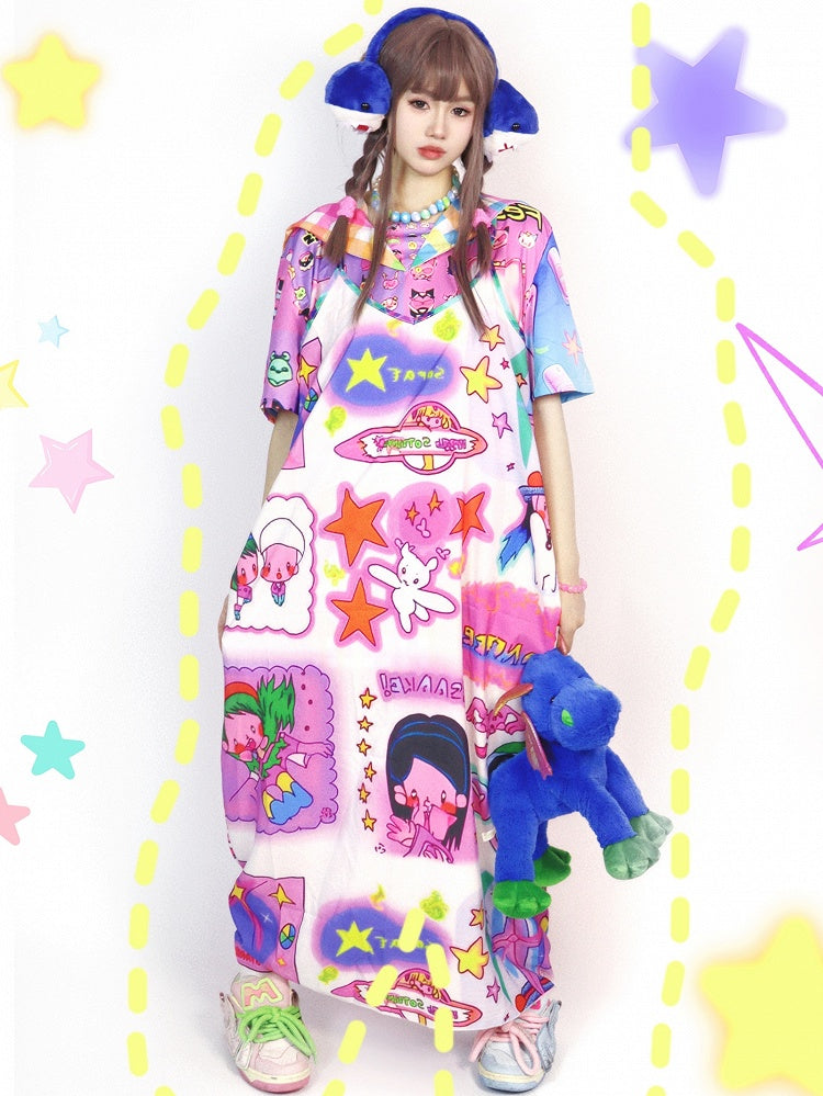 Kleid mit Cartoon-Camisole und buntem Stern-Print